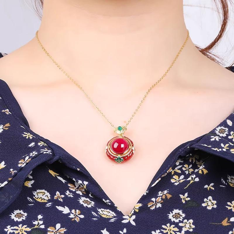 Style Gold Palace Crafts Ancient Vintage Enamel Colored Floral Flower Natural Carnelian Jewelry Sets Ring Earrings For Women