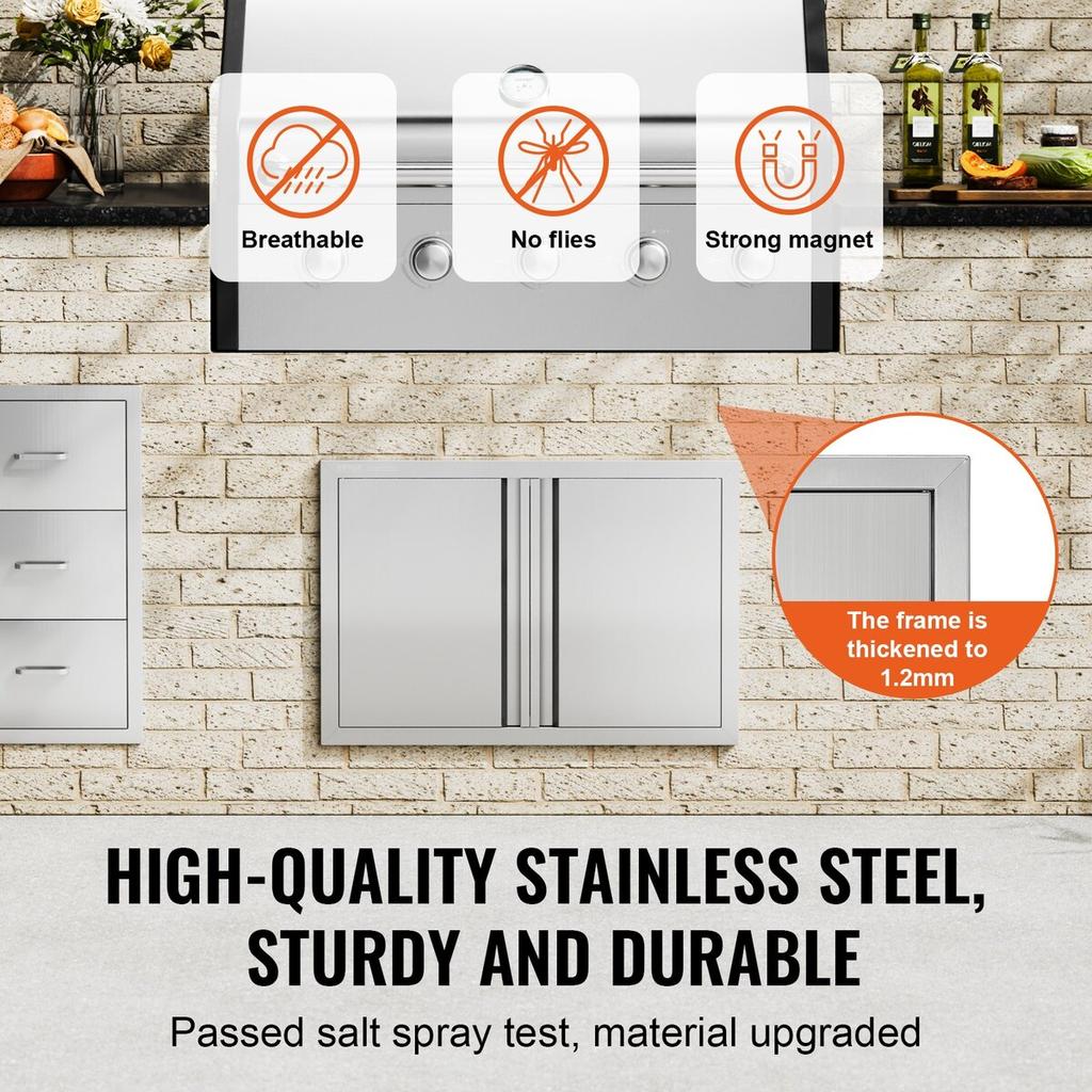 BBQ Access Door, 710x482 mm Double Outdoor Kitchen Door, Stainless Steel Flush Mount Door, Wall Vertical Door with Recessed Handles , for BBQ Island,