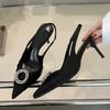 Fashion Luxury Design Rhinestone Buckle Women Pumps Cozy Silk Pointed Toe Party Prom Shoes Slingback High Heels Mules Heeled Sandals