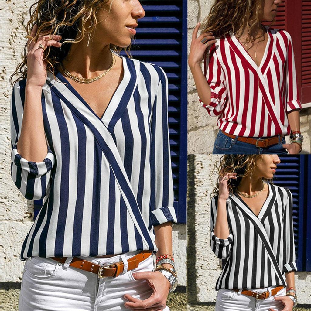Casual Loose V-neck Striped Chiffon Long-Sleeved Women's Pullover Shirt