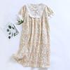2025 New Summer Women's Sleeping Skirt 100% Cotton Crepe Short Sleeve Long Skirt Thin Cute Sweet Lace V-neck Sleeping Skirt