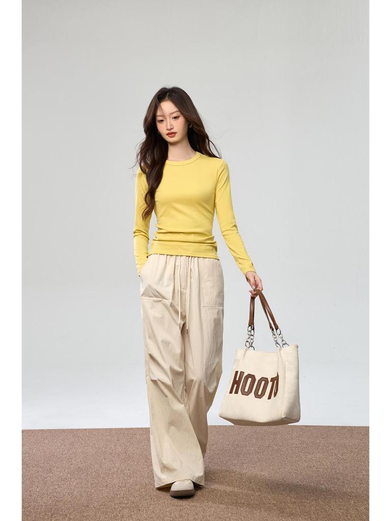 Женская футболка с длинным рукавом Осень 2025: Гребенной хлопок, Универсальный дизайн с открытой строчкой, Простой круглый вырез.