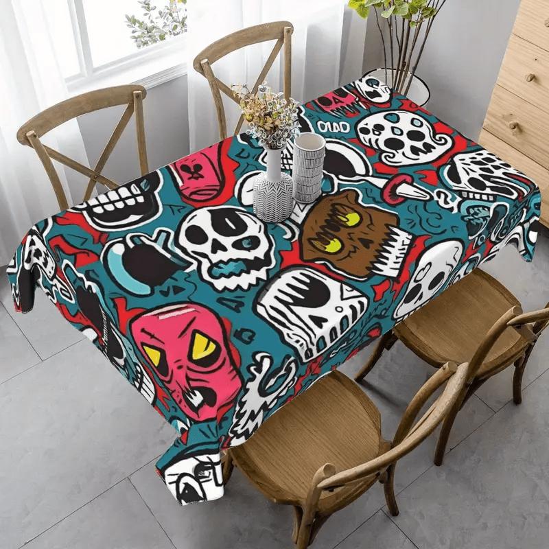 1pc Vibrant Skull And Cat Pattern Tablecloth, 152.4*218.44 cm, Rectangular, Polyester, Easy to Clean, Suitable for Home And Party Decoration, Cottage