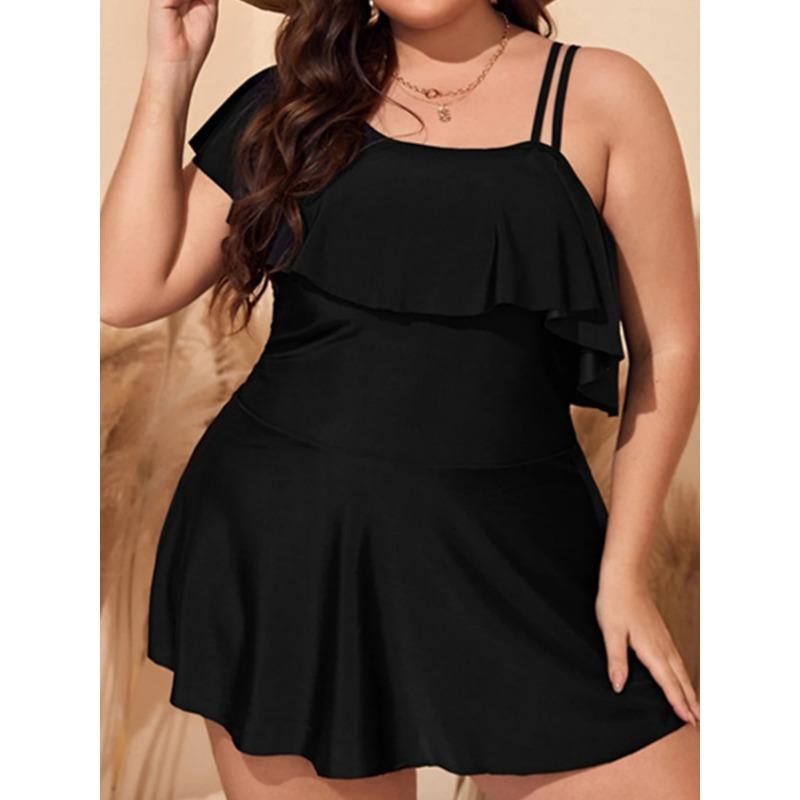 2025 Black Tankini Swimwear Women Plus Size Two Pieces Swimsuit Ladies Big One Shoulder Ruffle Tankini Bathing Suit