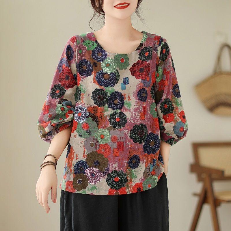 Cotton Linen Long Sleeved Shirt Women's Spring Printed Color Plus Size Women's Clothing Nine Quarter Sleeved Shirt T-shirt