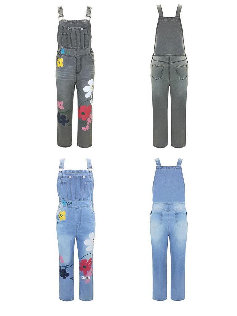 Women's Summer Denim Overalls – Classic, High-Quality, Loose Straight-Leg with Print