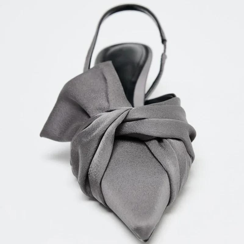 Элегантные Серые Туфли-лодочки на Низком Каблуке с Ремешком-слингбэк Женские Сексуальные Туфли с Острым Носком и Атласным Узлом на Каблуке Официальные Дизайнерские Туфли