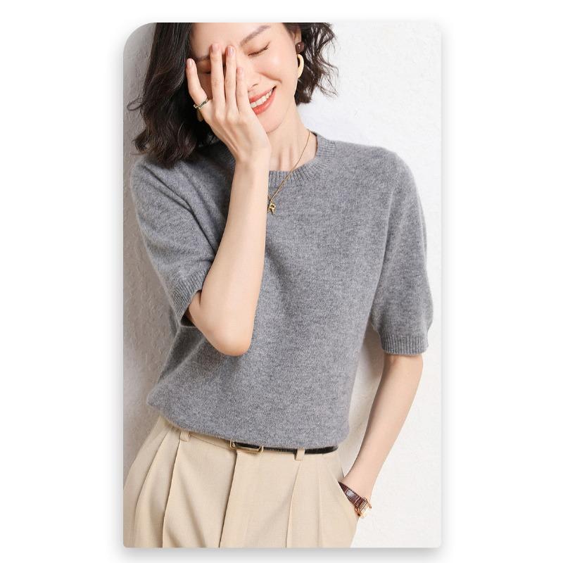 Женский свитер с круглым вырезом, шерстяной свитер с короткими рукавами, однотонный, для поездок на работу, простой, повседневный, трикотажный низ рубашки, теплый, удобный, на осень