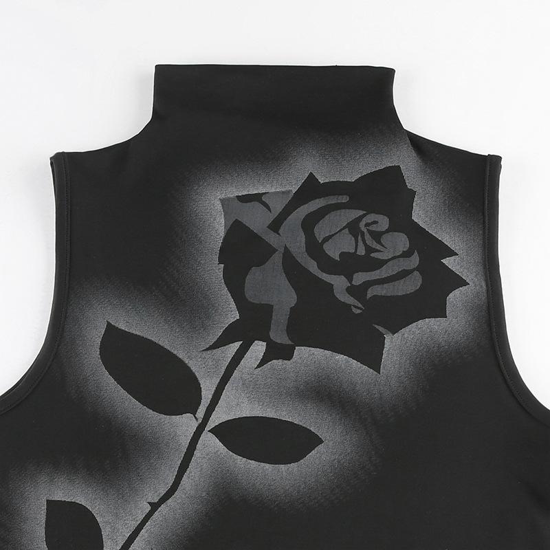 Черный укороченный топ с принтом розы, летняя готическая одежда Y2k, укороченный корсет, эстетичная водолазка без рукавов, белые майки с графическим рисунком