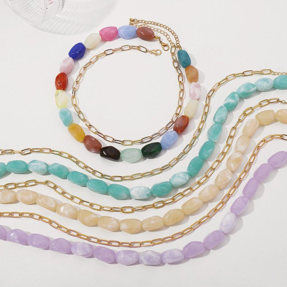 2Pcs/Set Stone Colorful Resin Necklace Multilayer Clavicle Chain Stone Beads Short Choker  Women