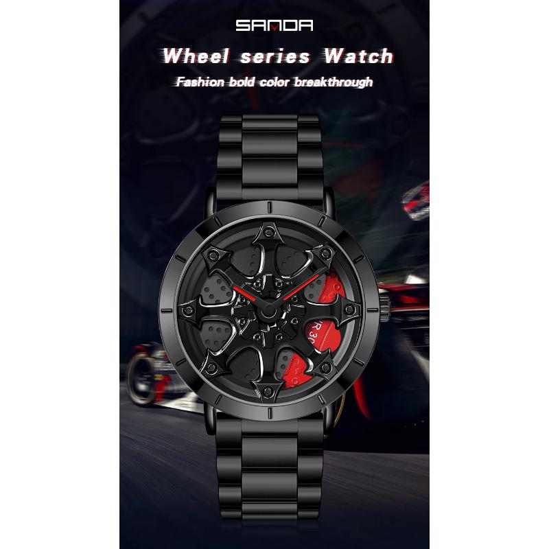 SANDA Часы со стальным ремнем, модные повседневные мужские часы с крутым циферблатом, кварцевые часы на колесе автомобиля