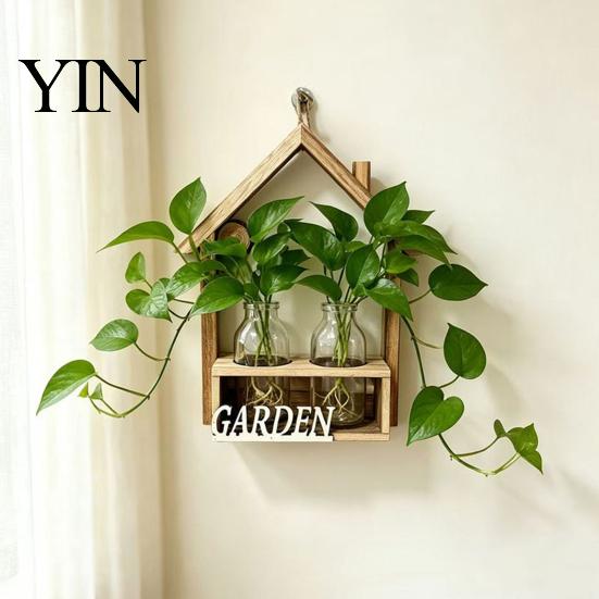 Small Green Plant Pot Wooden Wall Propagation Planter, Mounted Planter with Clear Glass Tubes for Vertical Display Hydroponic Plants, Shelf