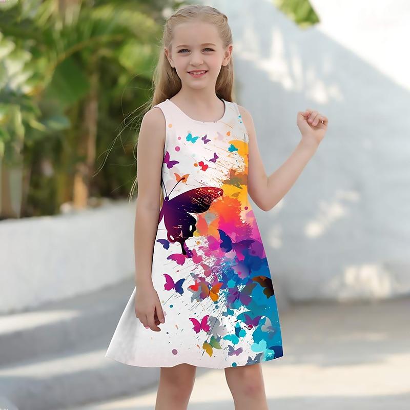 Платье для девочек Без рукавов 3D Ожерелье-бабочка С принтом Лето Весна Повседневные Милый Повседневный Милый Дети Платье трапециевидной формы Платье-майка Платье для сна Спокойной ночи