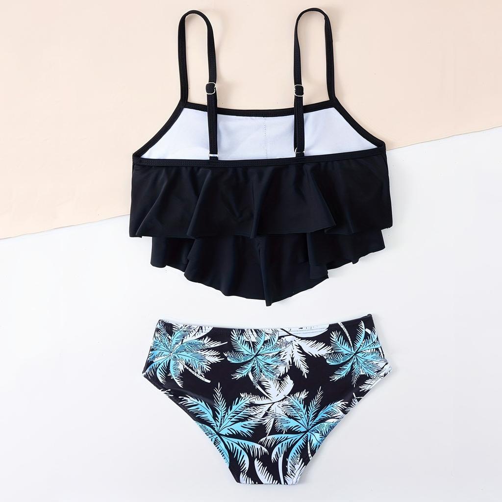 Girls  Floral Sleeveless Spaghetti Straps Adjustable Straps Swim Shorts Two-Piece Swimsuit Swimwear