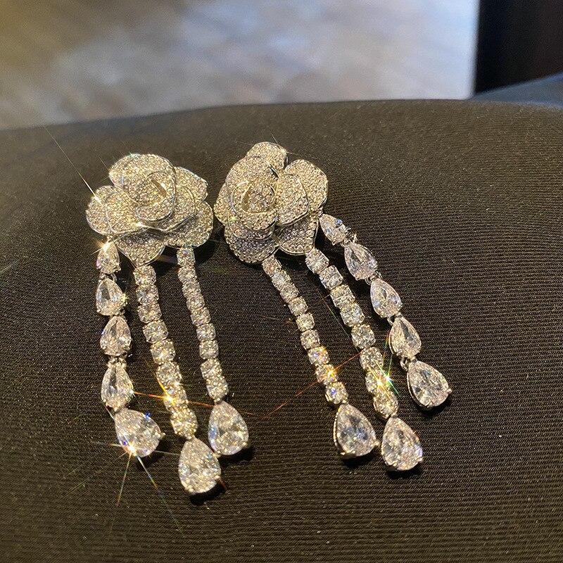 Серьги-капли из серебра 925 пробы со сверкающими цветочными каплями, микронабор с цирконием, висячие серьги с кисточками и камелией, вечерние украшения