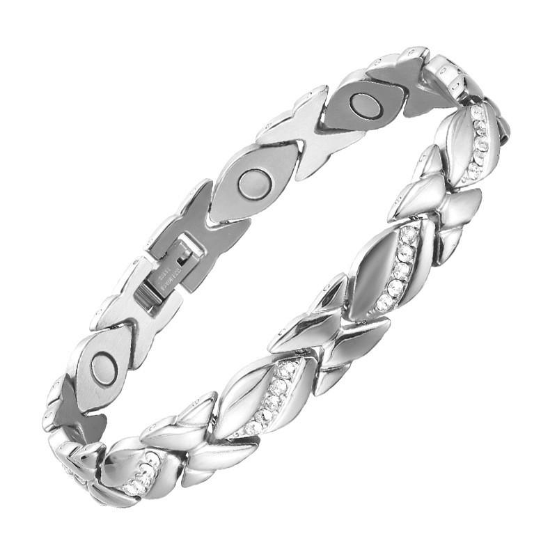 Geometric Leaf Design Titanium Steel Bracelet With Crystal Inlay Magnetic Therapy Elements Women