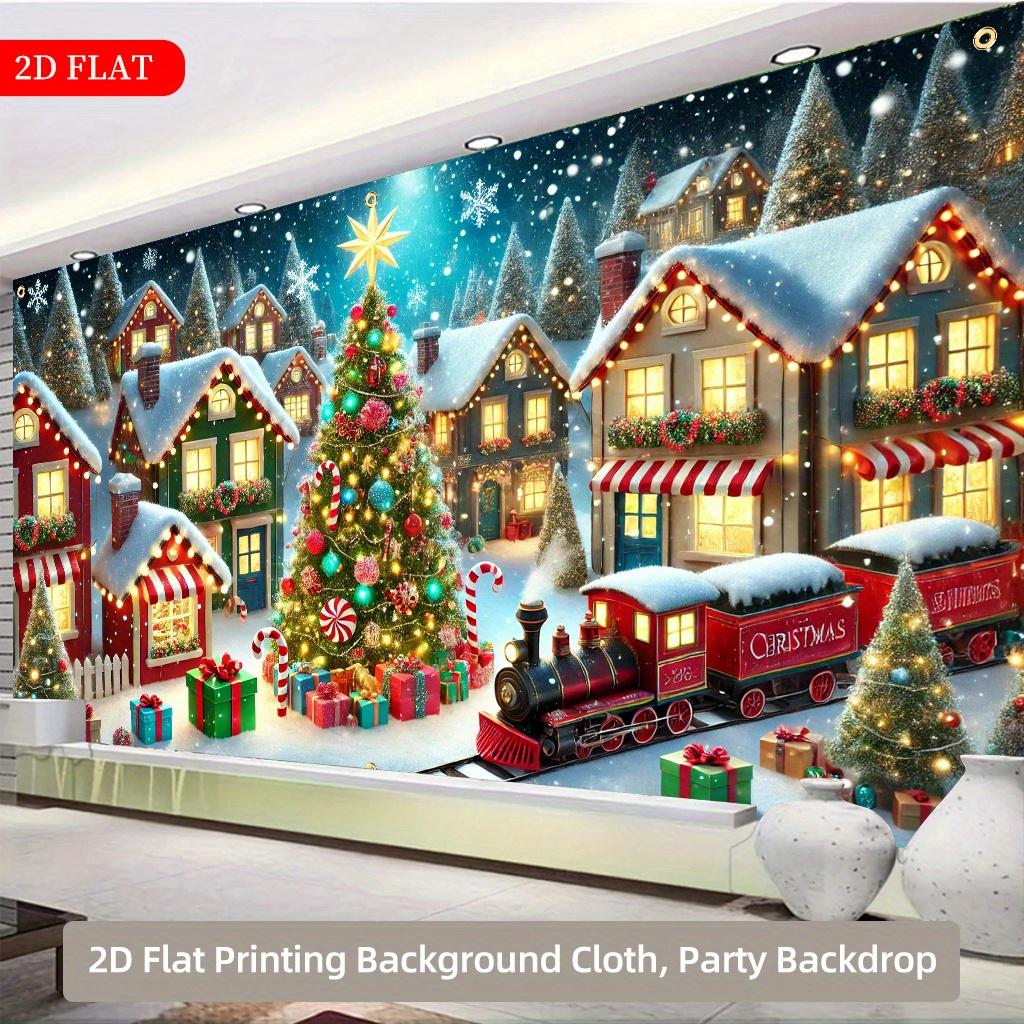 1pc 2D Holiday Christmas Town Background Fabric, Snow Village Scene, Train and Gift Design, No Power Required - lb 21
