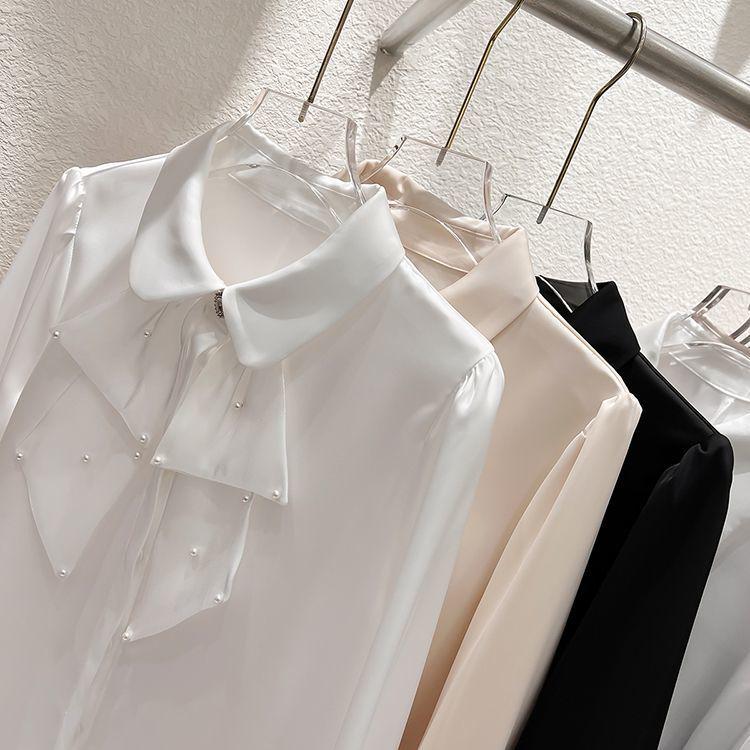 2024 Корейский стиль шифоновый топ с длинными рукавами и лацканами из бисера для женщин