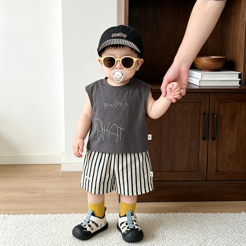 Baby Boy Summer Suit Handsome Children'S Cool Vest Plus Vertical Striped Shorts Summer Skin-Friendly Two-Piece Set