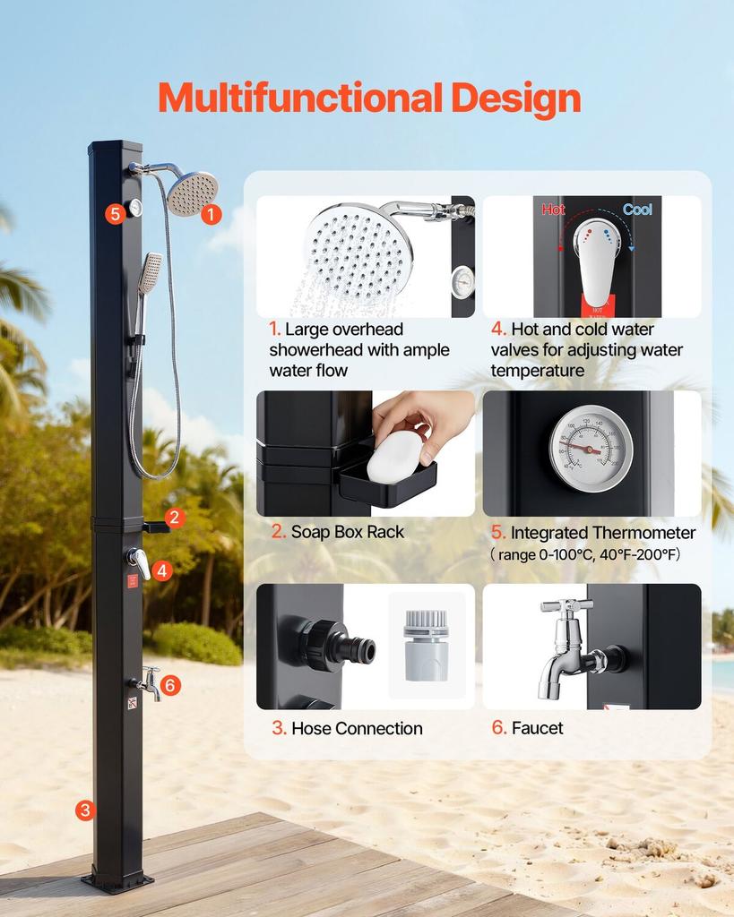 40L Solar Heated Shower, 205cm Showerhead Height Outdoor Shower, with Handheld & Foot Faucet, Hot & Cold Water Adjustment, Freestanding for Backyard
