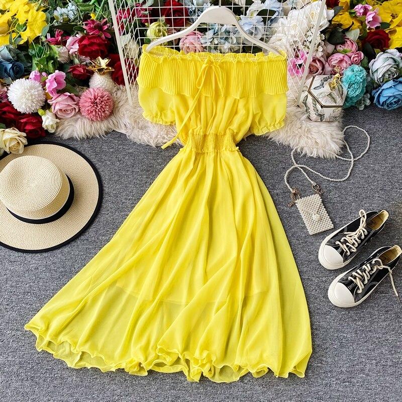 Платье для летних каникул Супер Фея Сладкие плиссированные длинные шифоновые женские платья с воротником с открытыми плечами в западном стиле