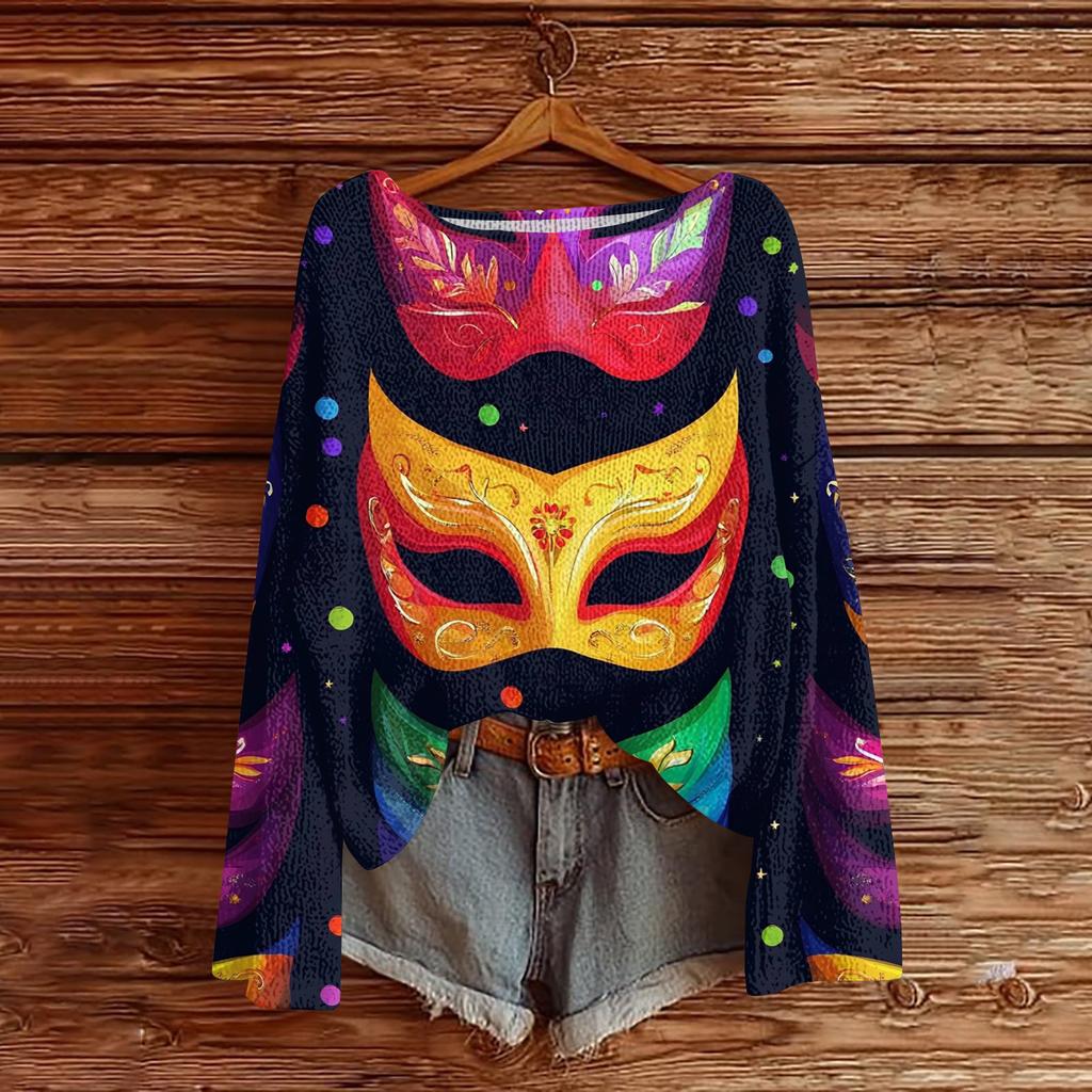 Женский повседневный модный топ с круглым вырезом, с карнавальным принтом, с длинным рукавом, вязаный пуловер