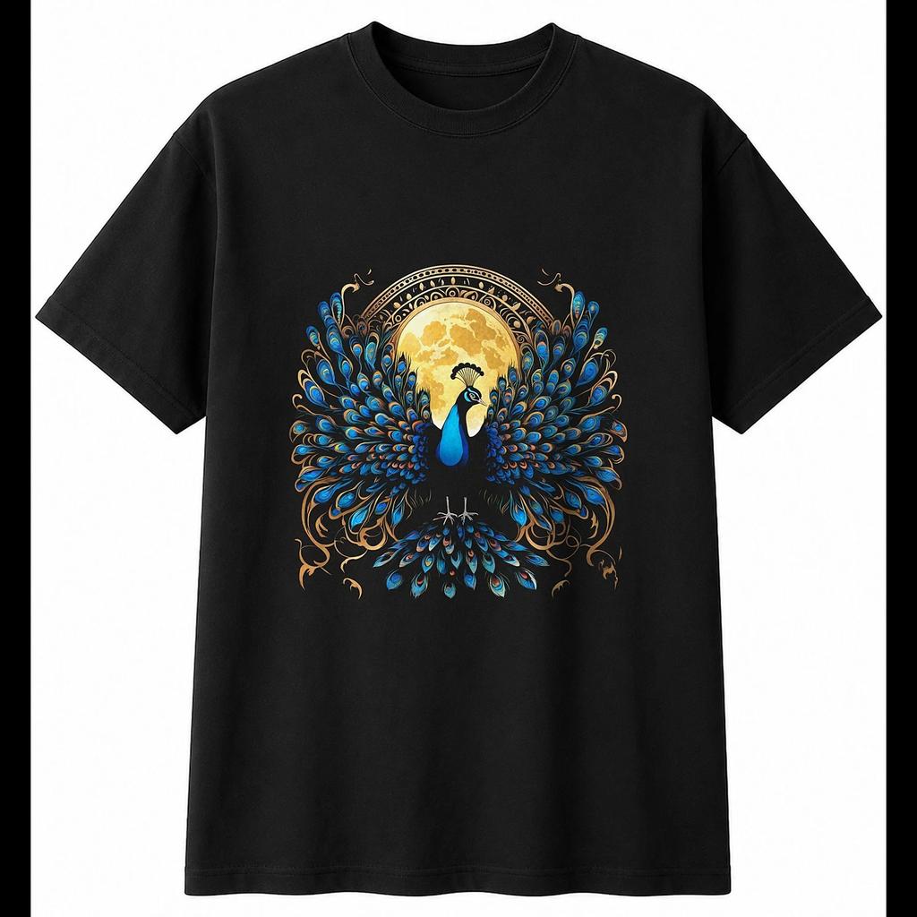 Tattoo Peacock in Moonlight Bird Mens T-Shirt Black 100% Cotton Wildlife Printed