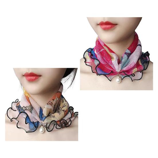 2Pcs Women Faux Silk Scarf Printing Faux Pearl Decor Lace Trim Lightweight Scarf Hand Strap Accessory