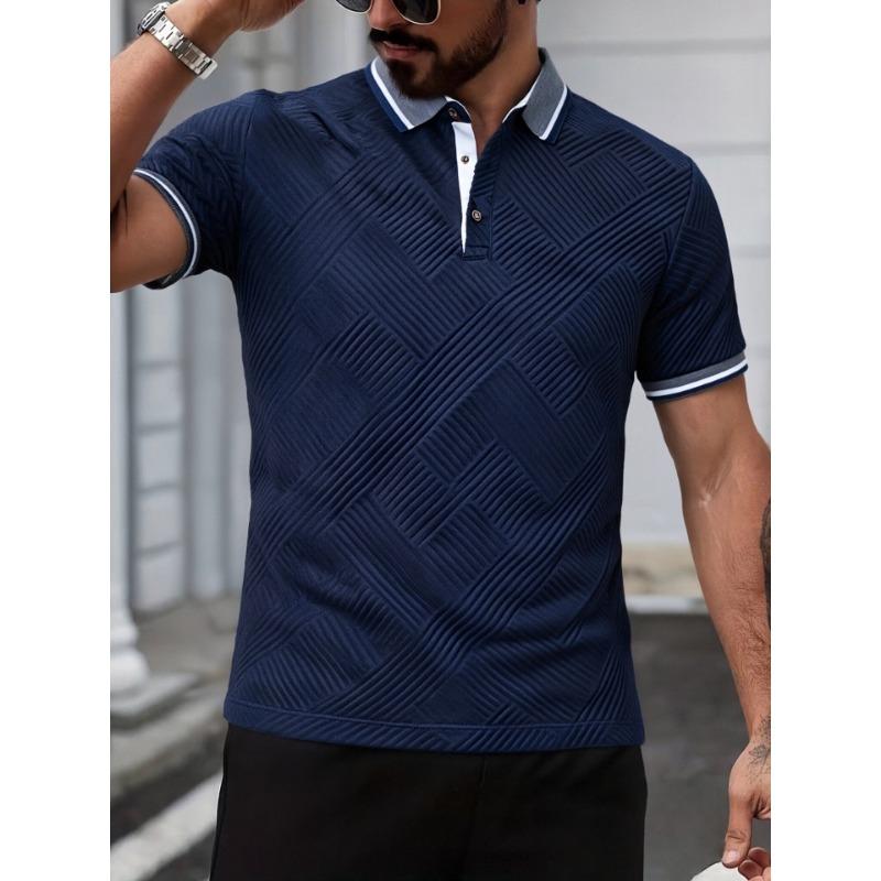 Men Textured Polo Shirt Contrast Collar Short Sleeve Casual Button Up T Shirt