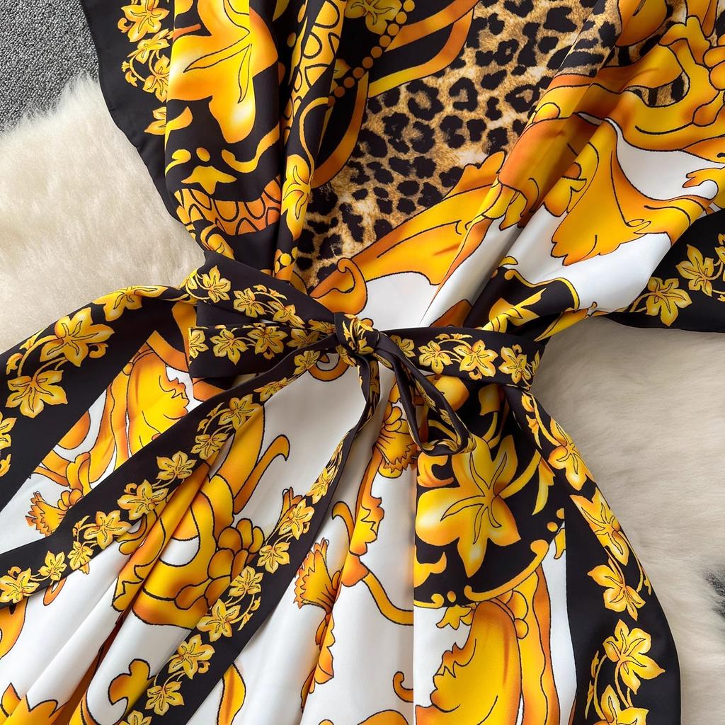 Summer Runway Baroque Leopard Dress Women Batwing Sleeve V Neck Golden Flower Print Bandage Lace Up Belt Loose Maxi Robe
