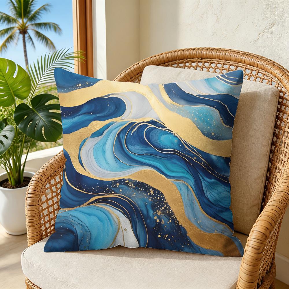 Blue Gold Wave-Shaped Pattern Pillow Case Double-Sided Plush Sofa Cushion Covers Organic Breathable Invisible Zipper