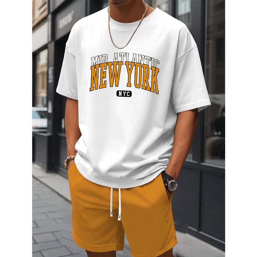 Мужской комплект: футболка с коротким рукавом и шорты New York Свободный крой Повседневная футболка Креативная уличная футболка Уникальная повседневная одежда
