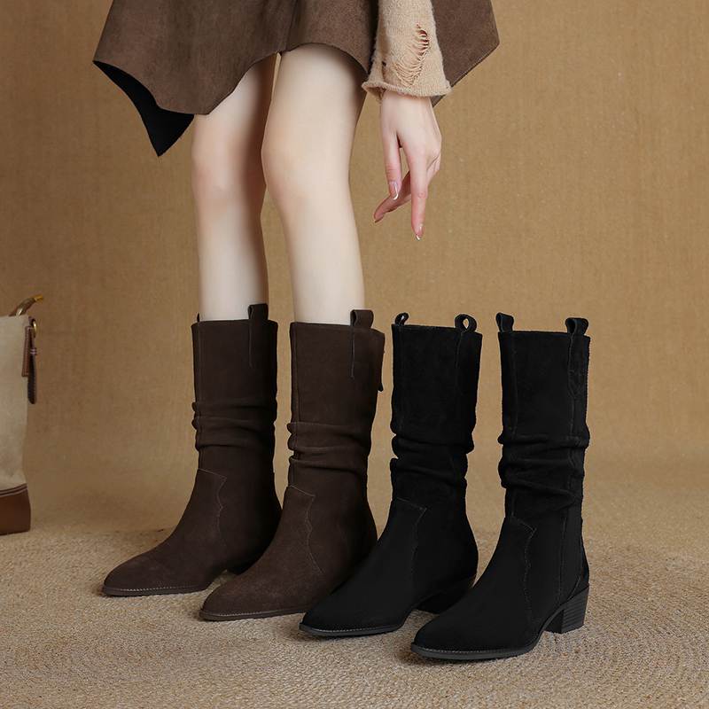 Krazing Pot Зимние женские сапоги из коровьей замши и нубука с круглым носком и средним каблуком, элегантные женские сапоги до середины голени в стиле ретро со складками