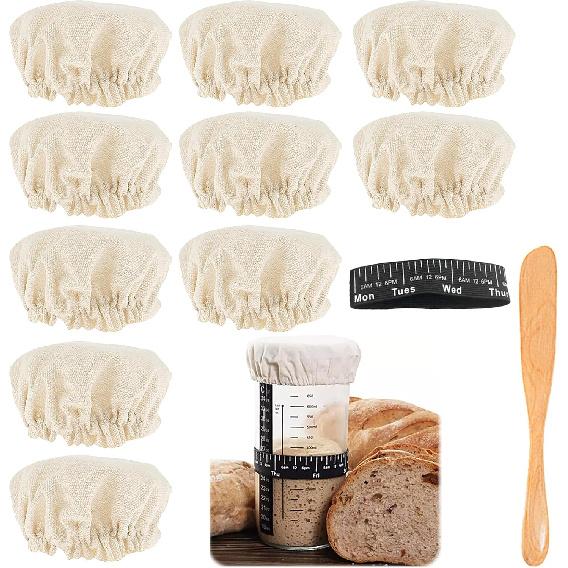 10 PCS Cloth Jar Covers for Sourdough, Reble Kombucha Starter Jar Cover with Shovel, Mason Jar Top Lid for 3”-4”