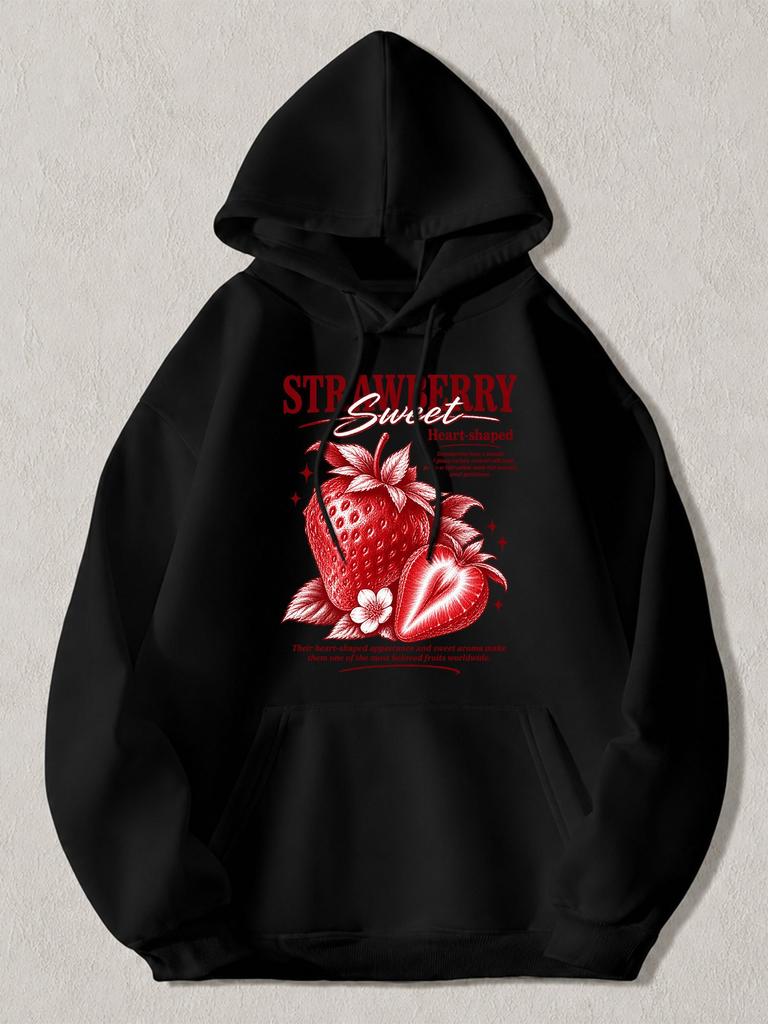 Black Pullover Hoodie with Red Strawberry Sweet Heart-shaped Graphic Print Casual Long Sleeve Sweatshirt with Front Pocket for Dai