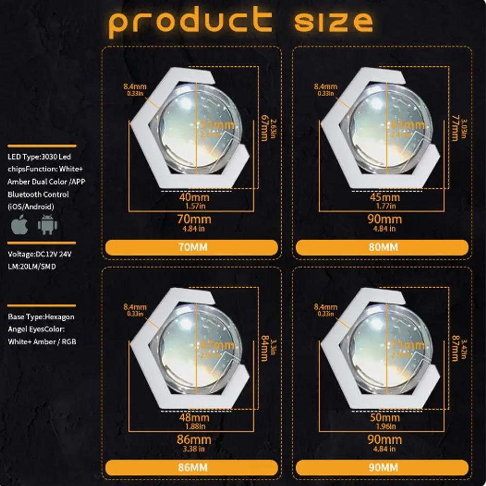 2PCS Car Modification Angel Eye BMW Hexagonal Turn Signal Bluetooth APP Headlights RGB Aperture Driving Lights Decorative Lights