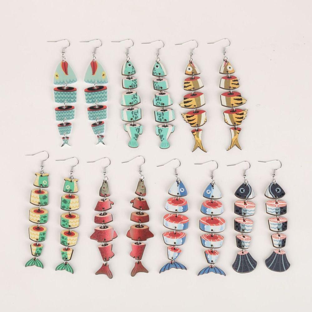5Pairs Hook Piercing Salmon Fish Earrings Multi Segment Beach Drop Earrings Girls