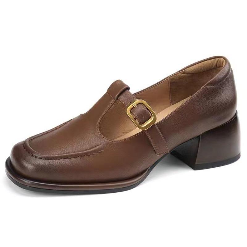 Мода Новая Мода Женские Т-образные Кожаные Массивные Оксфорды Коричневые Средние Каблуки Квадратный Носок Дизайнерские Туфли-Лодочки Черные Простроченные Туфли для Платья