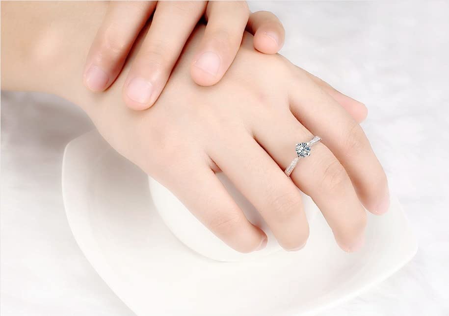 Carat 4 Prong Hollow Style NSCD Diamond Ring for Women Engagement Jewelry Wedding Band Anniversary 18K White Gold Plated 0.5