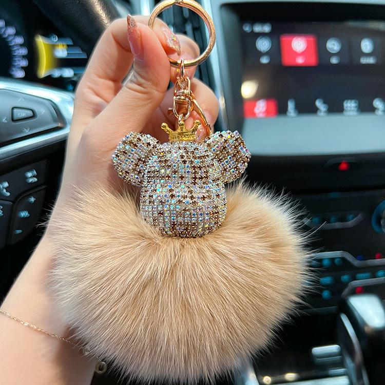 Luxurious Diamond-Studded Bear Keychain with Real Fox Fur - Stylish Accessory and Thoughtful Gift