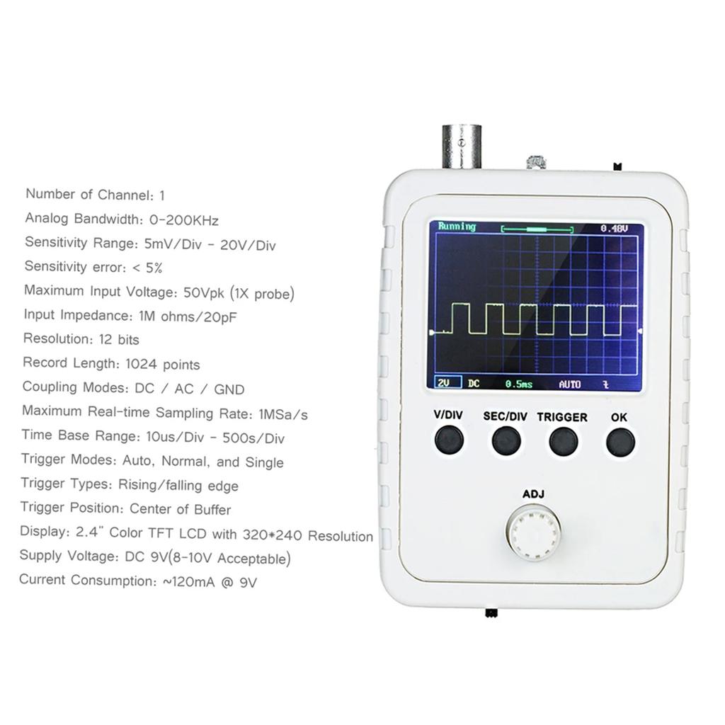 Easy to Use Digital Oscilloscope with 2.4" LCD, BNC Clip Cable Pre Assembled for Immediate Use in Electrical Experiments