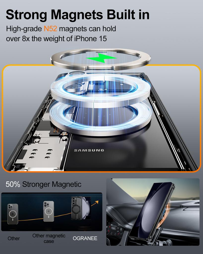 Металлическая магнитная чехол-книжка Oatsbasf для Samsung Galaxy Z Fold 7 с подставкой, вращающейся на 360°, для беспроводной зарядки Magsafe, безрамный