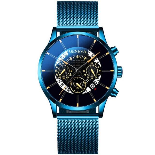 Luxury Men 'S Fashion Business Calendar Watches Blue Stainless Steel Mesh Belt Analog Quartz Watch Relogio Masculino Mens Watch