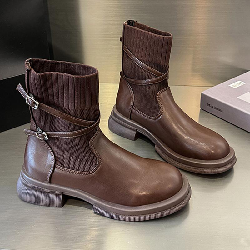 Women's Ankle Boots Flats Designer Knitting Shoes Winter  Fashion Chelsea Boots  Trend Goth Leather Snow Mujer De Botas