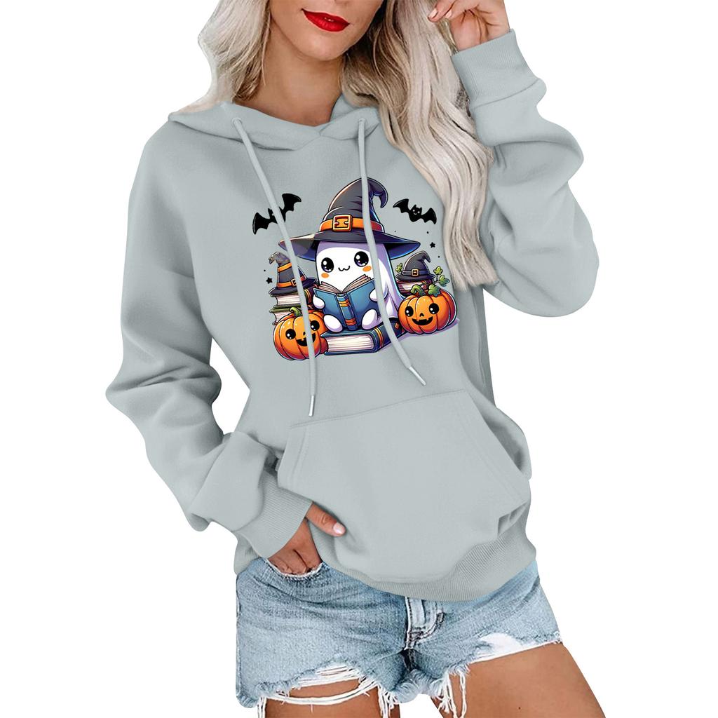 Женский модный, повседневный, удобный свитер с круглым вырезом, капюшоном, длинными рукавами и принтом на Хэллоуин