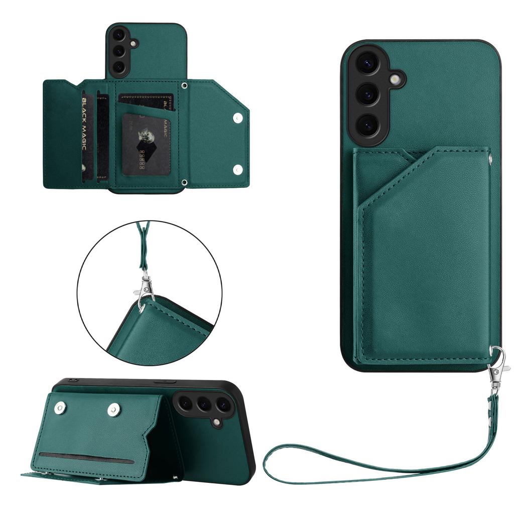 For Samsung Galaxy S24 Case Card Holder Kickstand Skin-Touch Phone Cover with Wrist Strap