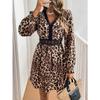 Women's Vintage Style V-neck Leopard Print Long-sleeve Lace Patchwork Long-sleeve Dress