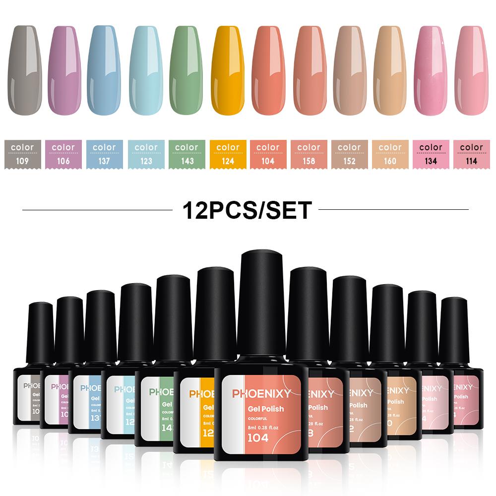 PHOENIXY, 8 мл, 12 цветов, гель-лак для ногтей, гель для ногтей, полуперманентный твердый гель для ногтей, замачиваемый УФ-гель, нужна база, верхнее покрытие, дизайн ногтей «сделай сам»