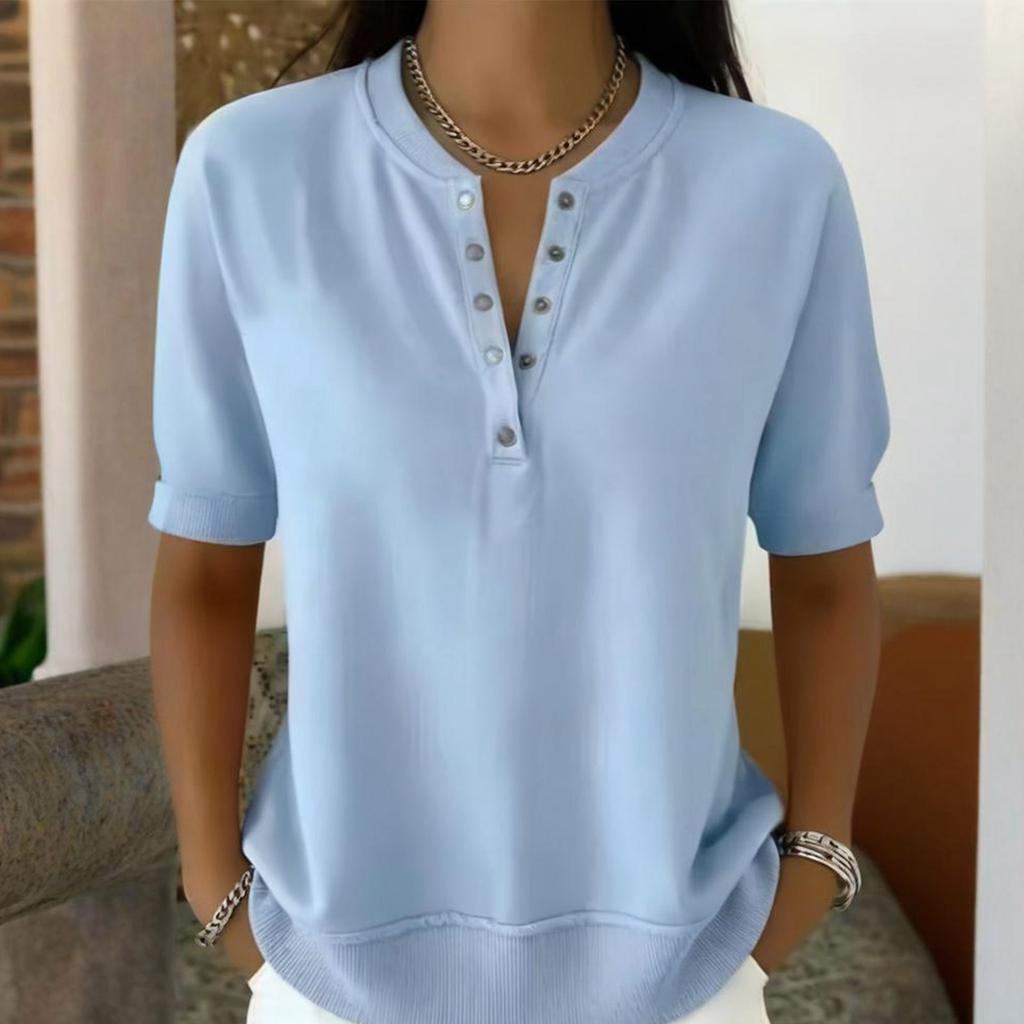 Женский топ-henley с коротким рукавом и V-образным вырезом, повседневный, свободного кроя, вязаный пуловер, легкая блузка для повседневной офисной носки