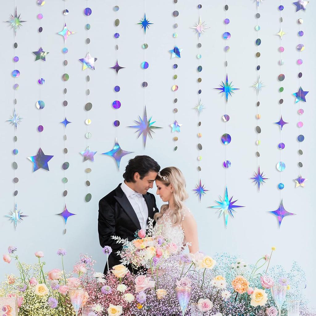 Iridescent Party Decorations Star Circle Dot Paper Garland Banner Bunting Streamer Metallic Hanging Twinkle Star Decoration for Kids Birthday Baby